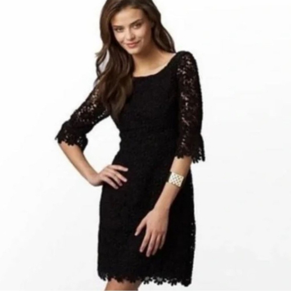 Lilly Pulitzer Lace Dress Sz 8 Black Floral Eyelet Sheath Cocktail Party Wedding